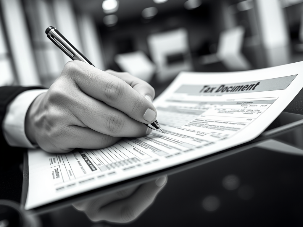 Close-up of hands writing on documents with pens in a modern office setting.